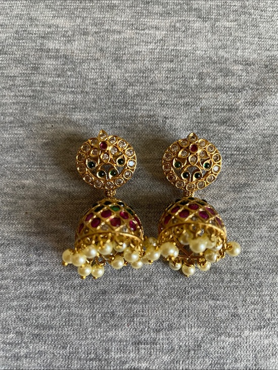 Jewelry - Gold-Tone Pink and Green Jhumka Earrings with Pearl Fringe